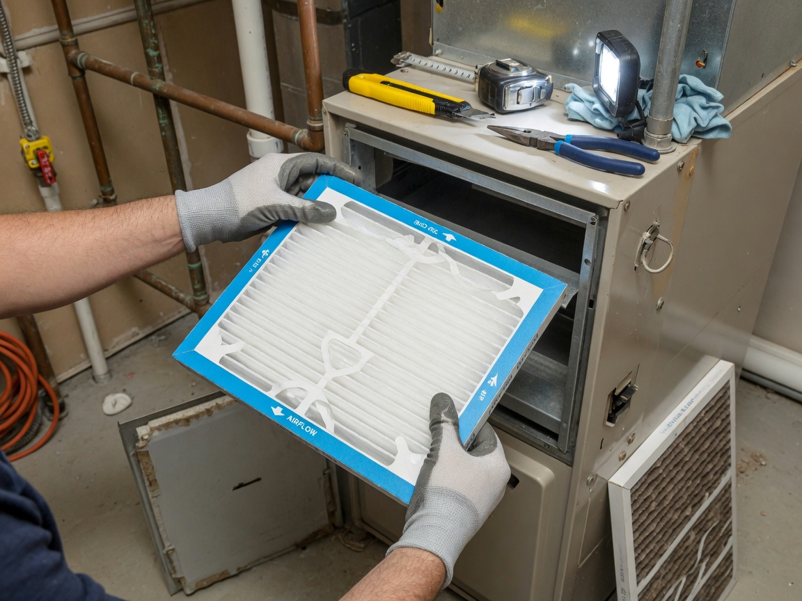 Technician installing a clean HVAC air filter