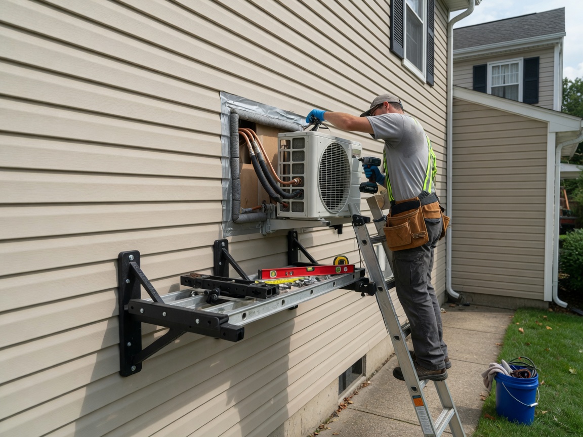 Technician installing a mini-split outdoor unit
