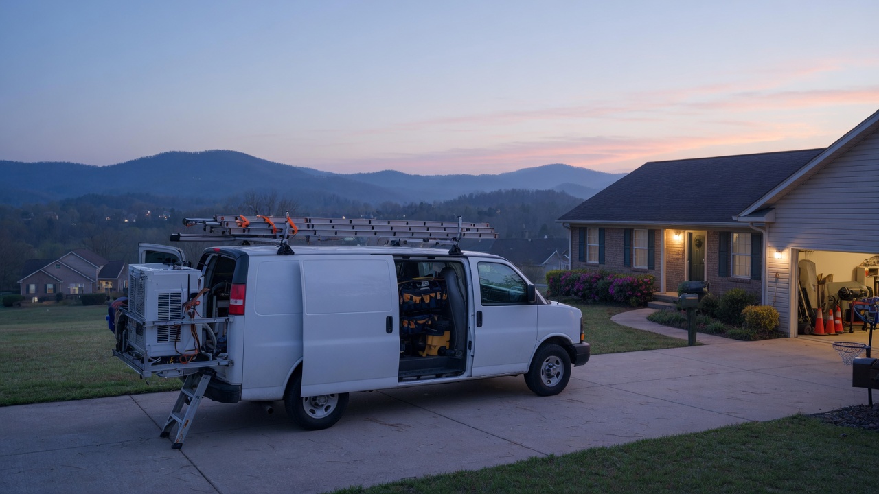 HVAC service van ready for emergency calls at dawn