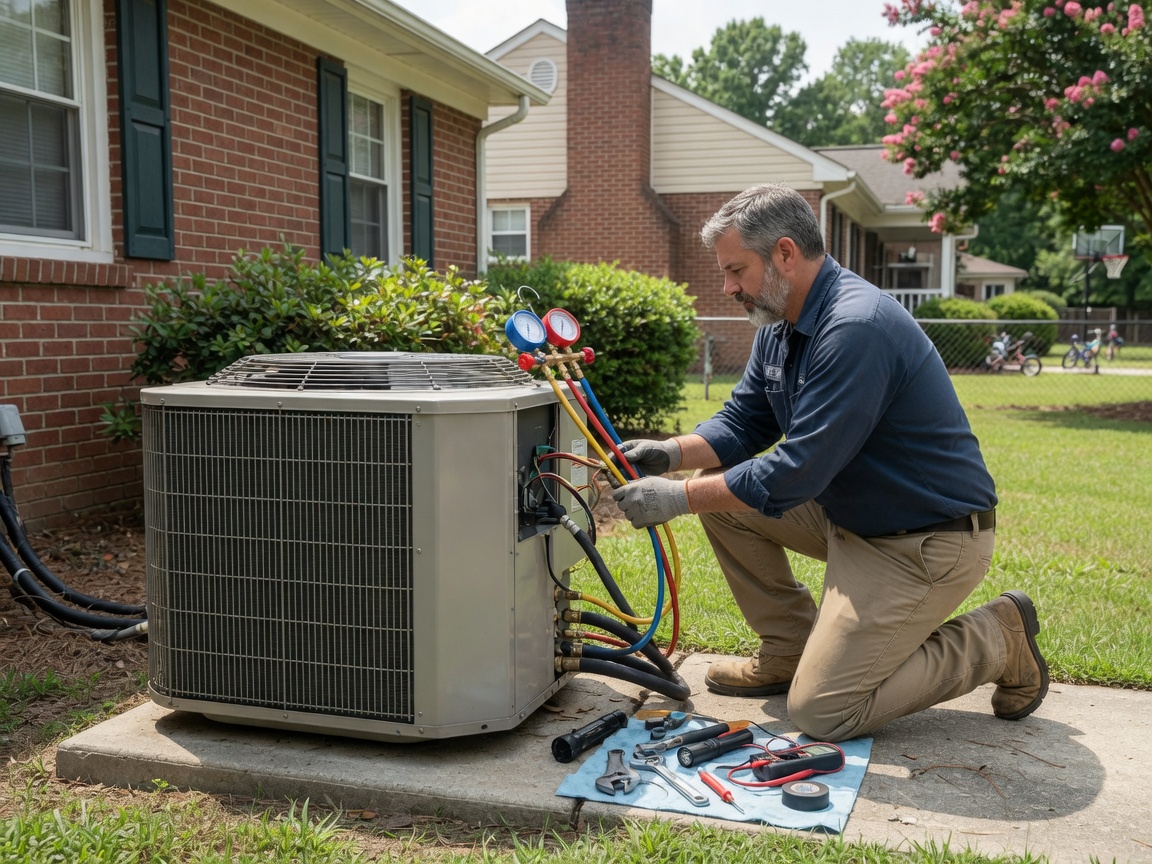 HVAC technician repairing an outdoor AC unit